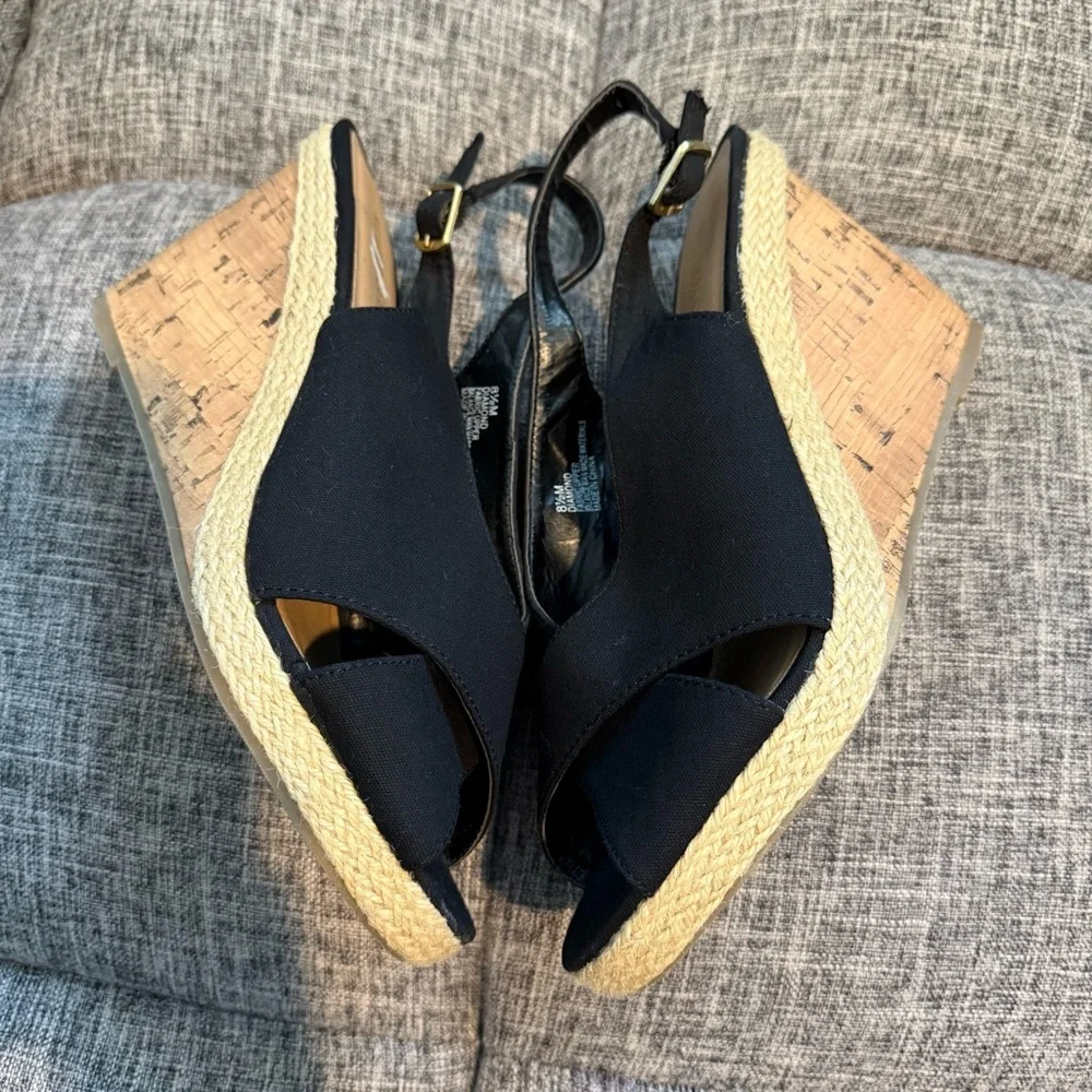 Seychelles Diamond Black Canvas Cork Wedge Slingback Sandals Women's Size 8.5